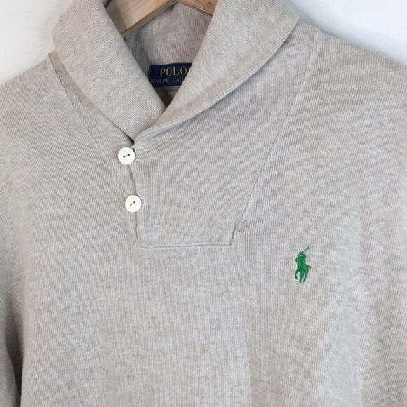 Polo Ralph Lauren Cream Shawl Collar Pullover Green Pony Logo Sweater Sz Medium - Picture 2 of 7